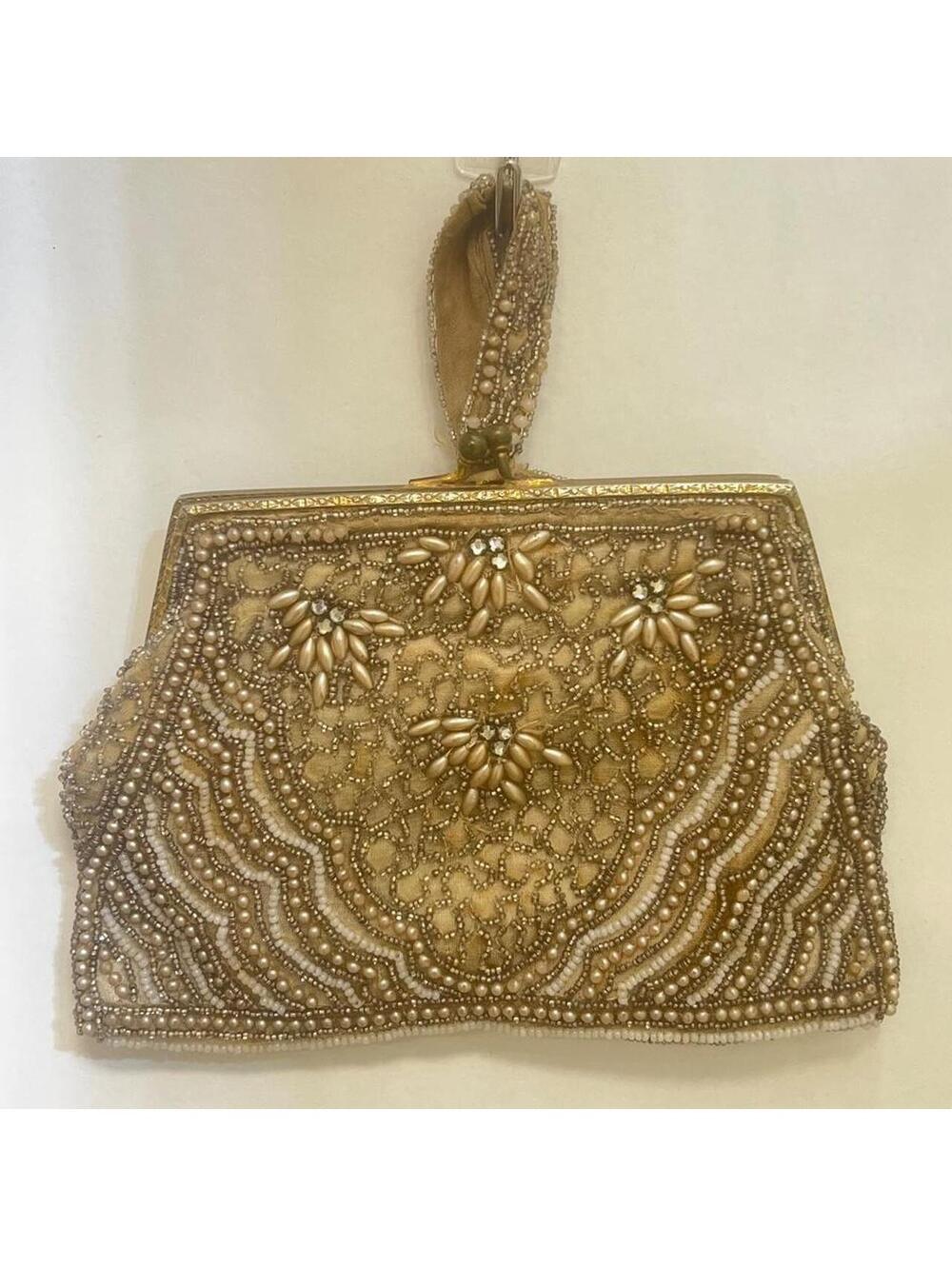 vintage gold & pearl toned silk clutch purse